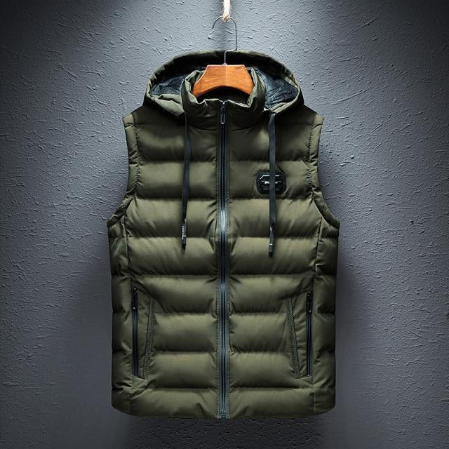 Belro plain hooded vest in neutral fabric, front view showing adjustable drawstrings and sleeveless design.