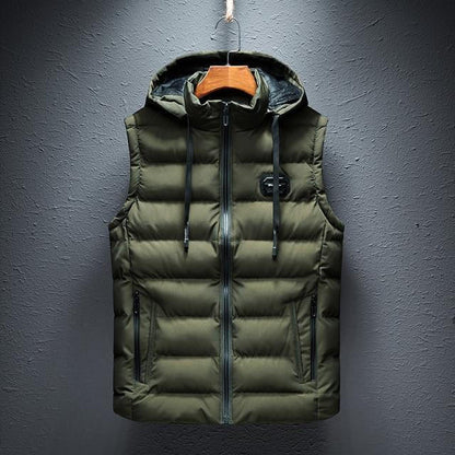 Belro plain hooded vest in neutral fabric, front view showing adjustable drawstrings and sleeveless design.