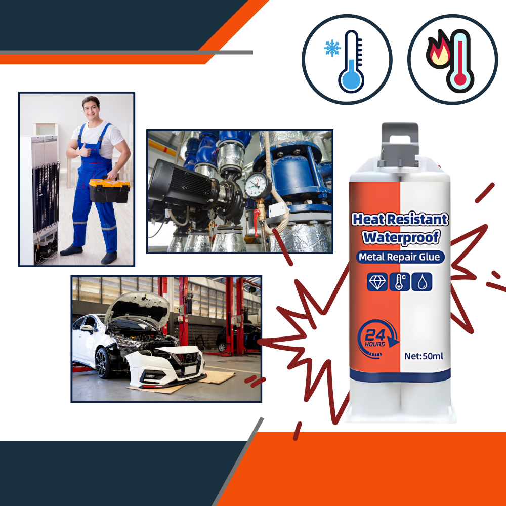 Belro strong adhesive waterproof glue for metal repair, shown applied to a metal surface in a home and garden decor setting.