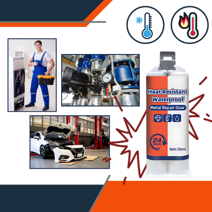 Belro strong adhesive waterproof glue for metal repair, shown applied to a metal surface in a home and garden decor setting.