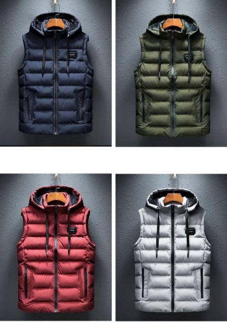 Belro plain hooded vest in neutral fabric, front view showing adjustable hood and sleeveless design for casual layered style.