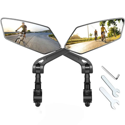 Pair of Belro bike mirrors with adjustable arms, designed for outdoor cycling safety and visibility.