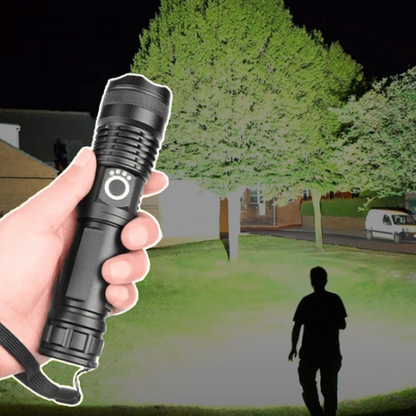 Belro 90000 lumens Xhp50.2 flashlight with a durable black body and adjustable focus, designed for high-intensity lighting.