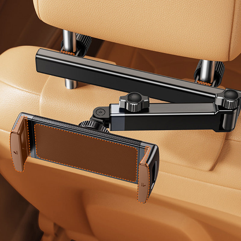 Belro car headrest tablet holder attached to vehicle seat, adjustable electronics accessory for secure tablet mounting.
