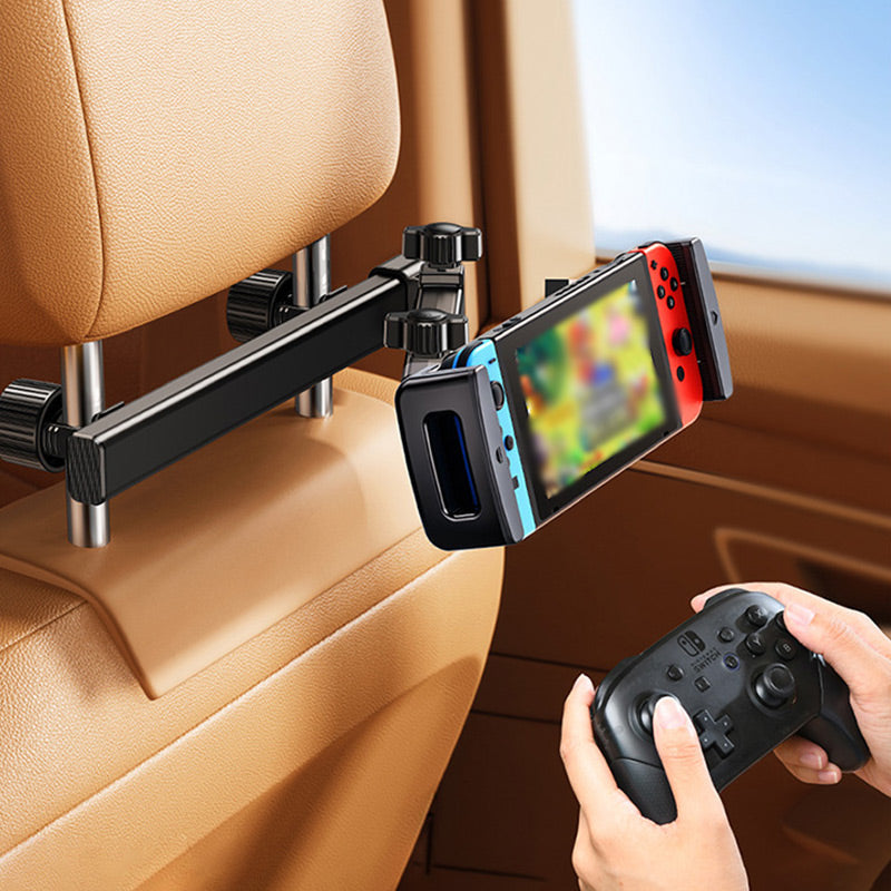 Belro car headrest tablet holder mounted on headrest, adjustable electronic accessory for secure tablet viewing in vehicles.