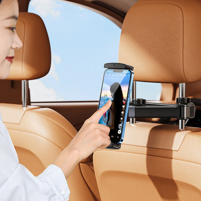 Belro car headrest tablet holder attached to seat, adjustable electronic accessory for hands-free device viewing in vehicles.