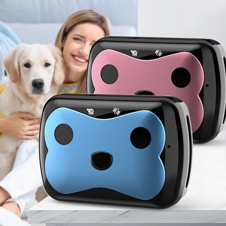 Belro GPS tracker for dogs attached to a dog collar, showing device with digital screen and GPS antenna for pet location tracking.