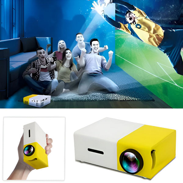 Belro HD mini home cinema projector showing a bright image on a wall, compact electronic device for home entertainment.