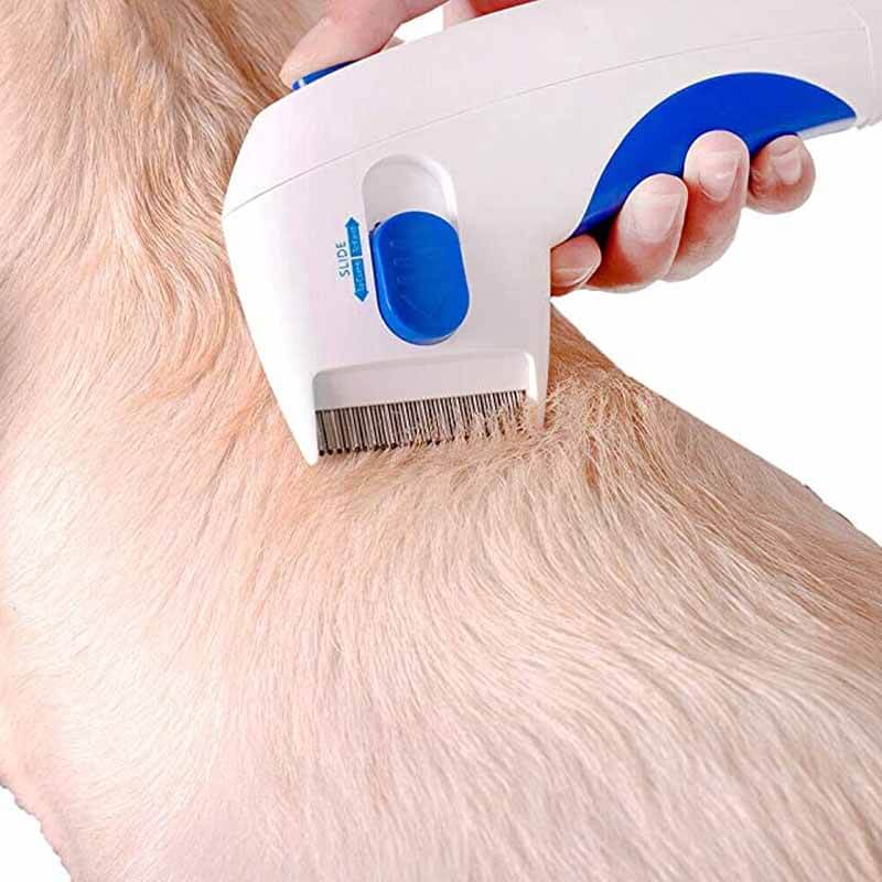 Belro electric flea and tick remover for pets, handheld electronic device with cleaning tips in a close-up shot