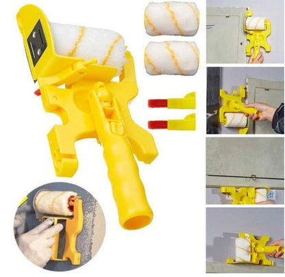 Belro paint roller with trimmer, tool for smooth painting and precise edges, shown in use with a clean roller and trimming attachment.