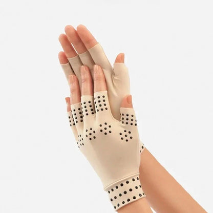 Belro fingerless magnetic compression gloves designed for arthritis relief, showing the breathable fabric and magnetic closures.