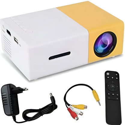 Belro HD mini home cinema projector displaying a bright image on a plain wall, compact design ideal for home entertainment.