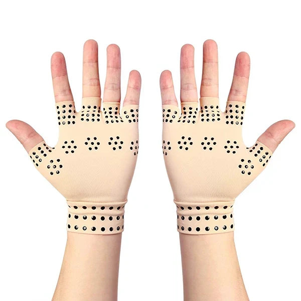 Belro fingerless magnetic compression gloves for arthritis, showing the breathable fabric and ergonomic design for hand support.