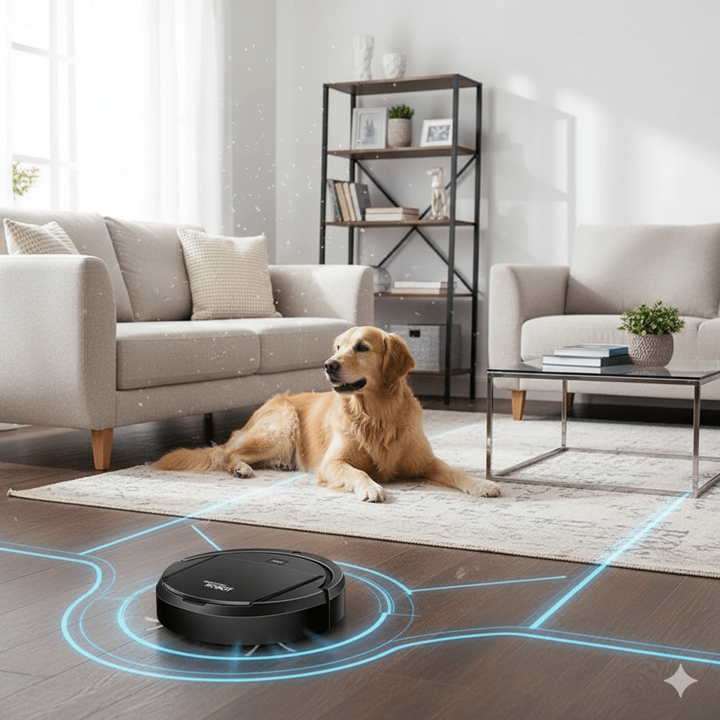 Belro smart robot vacuum cleaner with HEPA filter and ultra-quiet cleaning in a modern home setting.