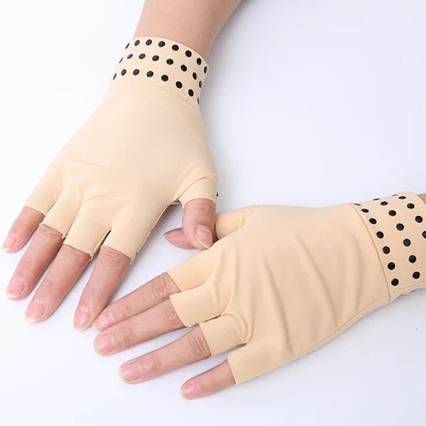 Belro fingerless magnetic compression gloves for arthritis, showing textured fabric and magnetic closures on the wrists.