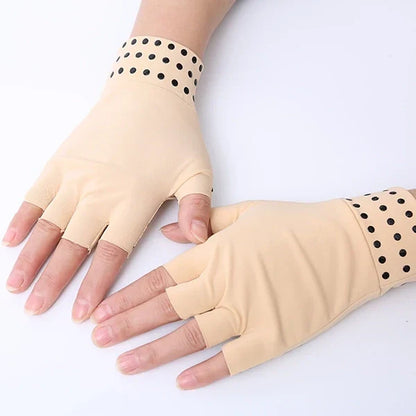 Belro fingerless magnetic compression gloves for arthritis, showing textured fabric and magnetic closures on the wrists.