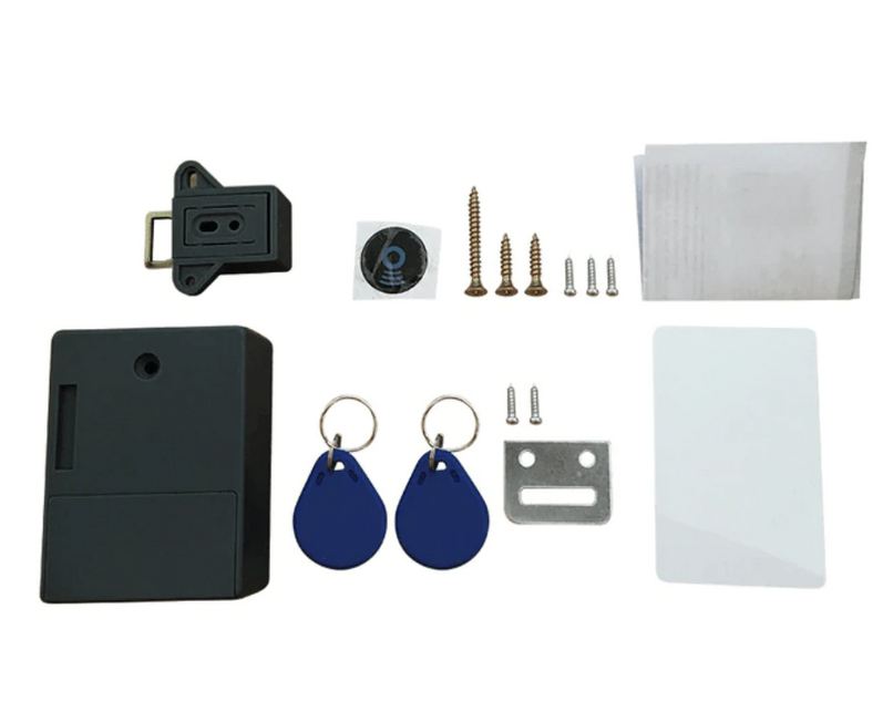 Invisible magnetic cabinet lock by Belro mounted on a wooden cabinet door, showing sleek, hidden security device for home storage.