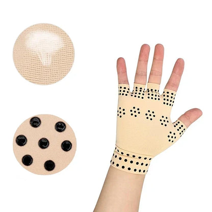 Belro fingerless magnetic compression gloves for arthritis, showing black gloves with magnetic support and open finger design.