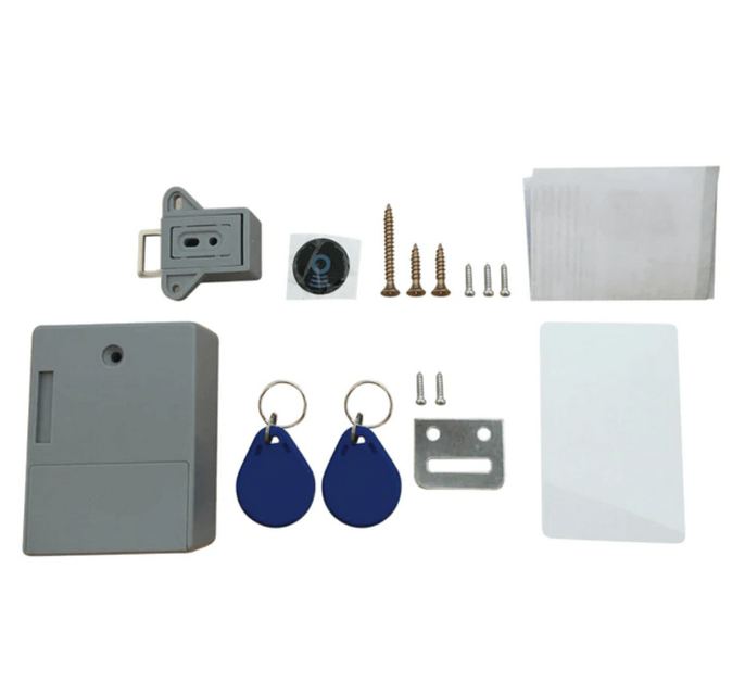 Belro Invisible Magnetic Cabinet Lock mounted on a cabinet door, securing furniture with a sleek, discreet design for home and garden storage.