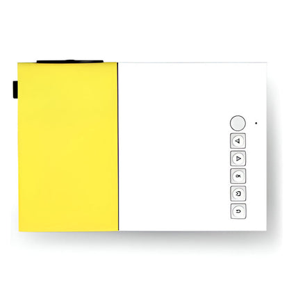 Belro HD mini home cinema projector displaying a bright image on a wall in a modern living room setting.