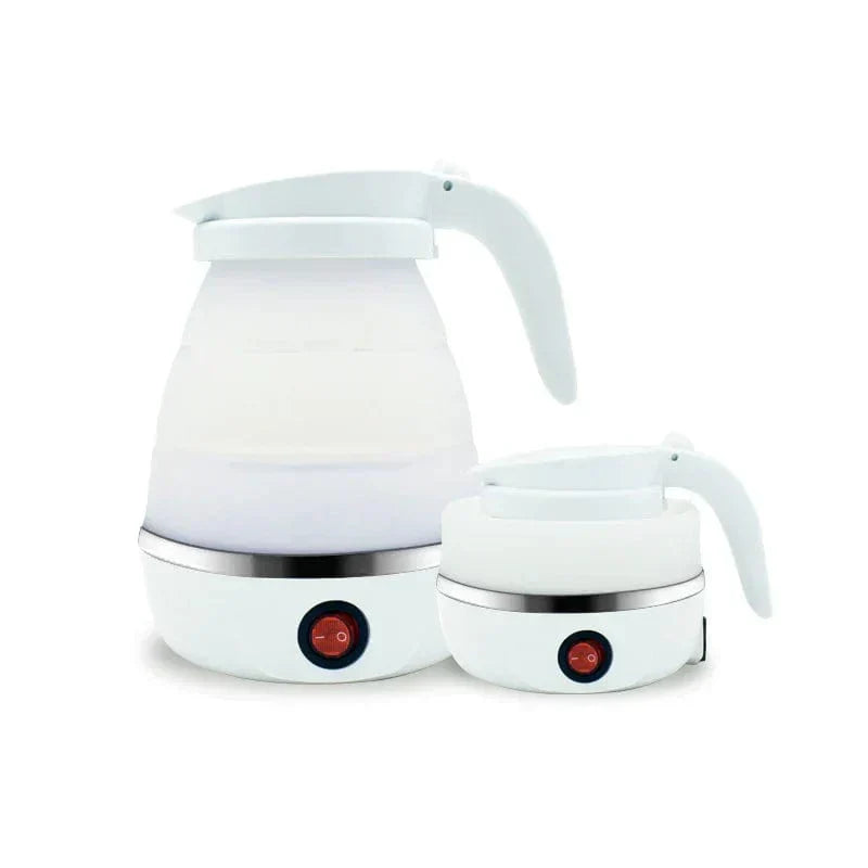 Belro foldable travel kettle, compact electric kettle for travel, stainless steel body, foldable handle, on a white background.