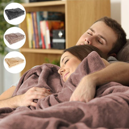 Belro cordless electric heated blanket spread on a bed, showing its soft fabric and control panel for adjustable warmth.