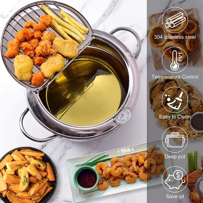 Belro Master Fryer with thermometer, stainless steel Japanese deep-frying pot with lid, ideal for tempura and home kitchen use.