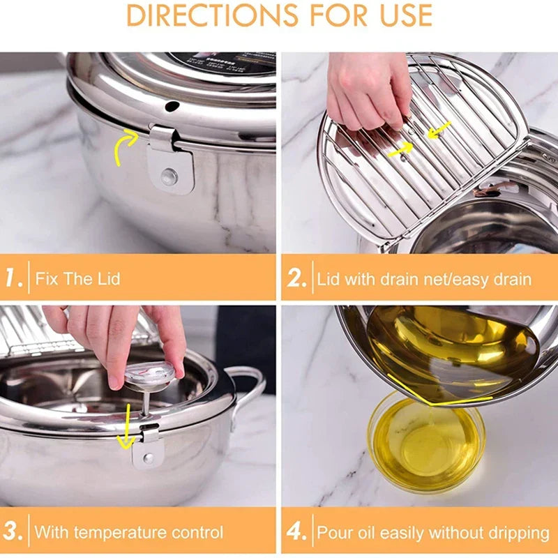 Belro Master Fryer with thermometer, stainless steel Japanese deep-frying pot with lid for tempura and home kitchen use