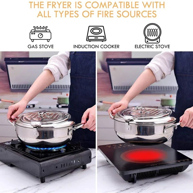 Belro Master Fryer with thermometer, Japanese-style deep-frying pot in stainless steel with lid for tempura and home kitchen use.