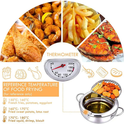 Belro Master Fryer with thermometer, stainless steel Japanese deep-frying pot with lid, ideal for tempura and home kitchen use