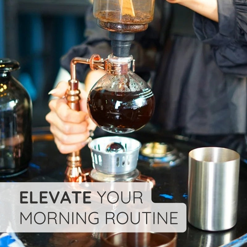 Belro Japanese syphon coffee maker on kitchen countertop, showcasing glass and metal components for brewing coffee.