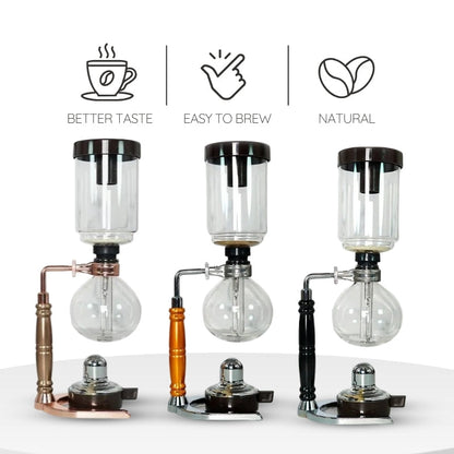 Belro Japanese syphon coffee maker with glass chambers and metal stand, designed for brewing specialty coffee at home.