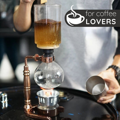 Belro Japanese siphon coffee maker with glass chambers and metal stand, used for brewing traditional siphon coffee.