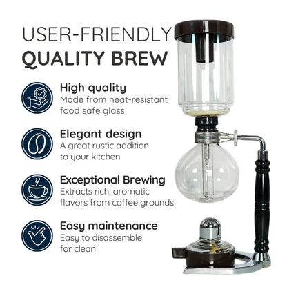 Belro Japanese siphon coffee maker with glass chambers and metal stand, showcasing a sleek, traditional design for brewing coffee.
