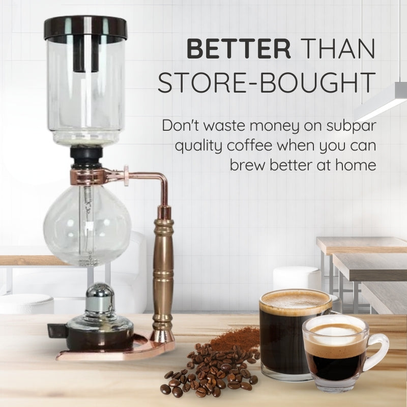 Belro Japanese siphon coffee maker with glass and metal components, used for brewing specialty coffee at home.