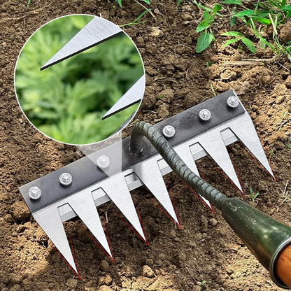 Belro versatile handle rake for lawn work, featuring a sturdy grip and wide tines for efficient outdoor garden clearing.