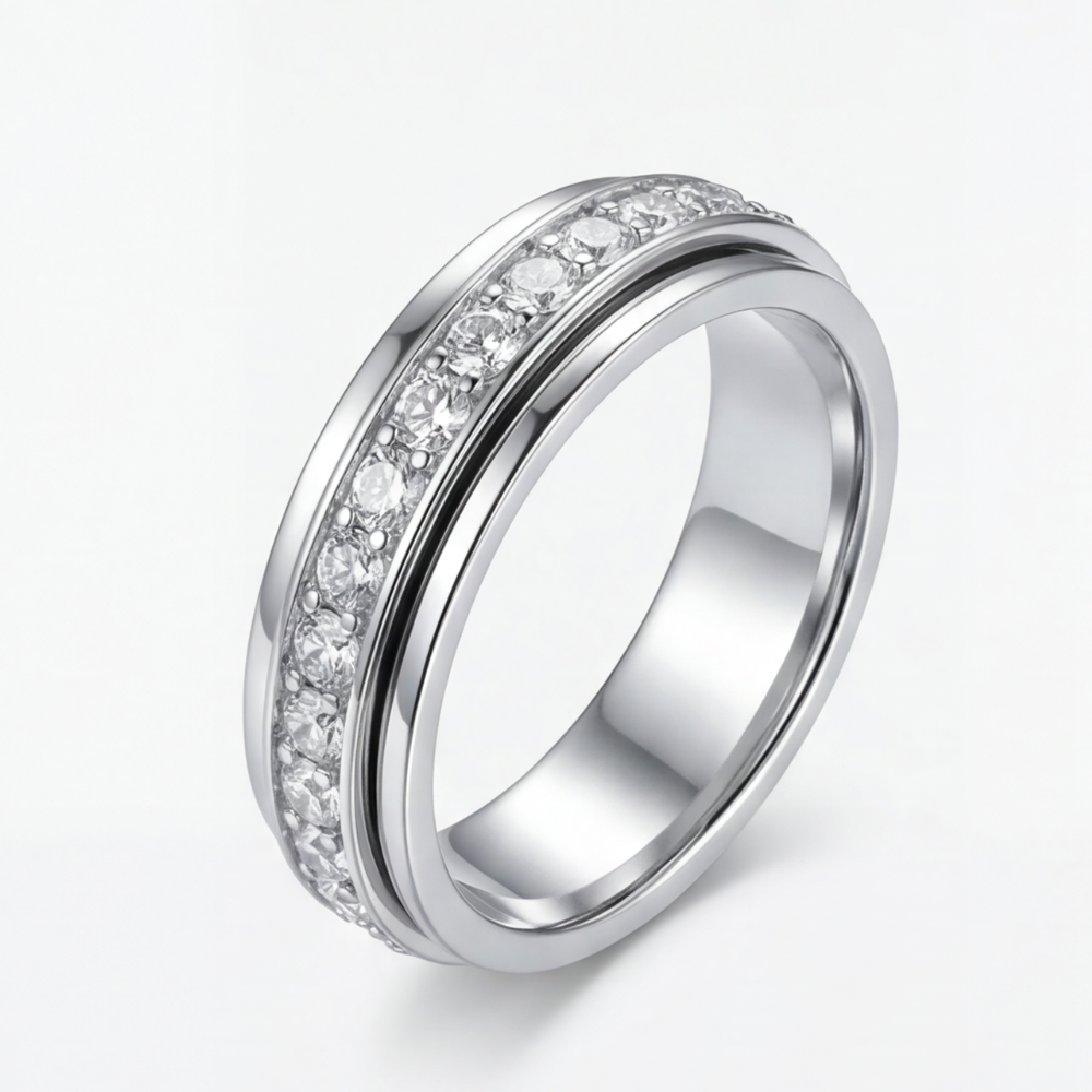Elegant zirconia spinning ring by Mivoza featuring a crystal-accented rotating band, designed for anti-anxiety and stylish wear.