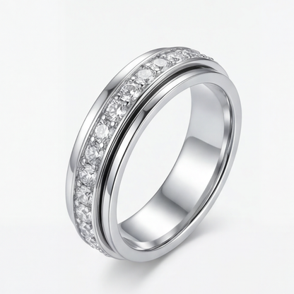 Elegant zirconia spinning ring by Mivoza featuring a crystal-accented rotating band, designed for anti-anxiety and stylish wear.