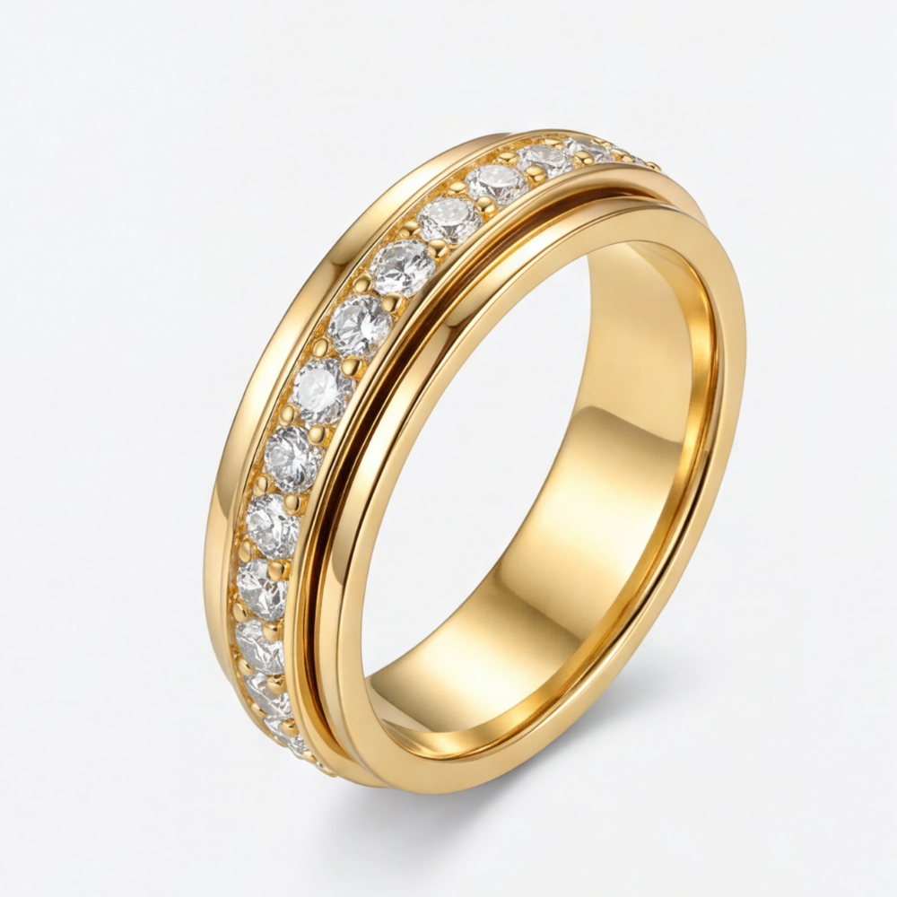 Elegant zirconia spinning ring by Mivoza with a crystal design, featuring a smooth rotating band for anti-anxiety and stylish wear.