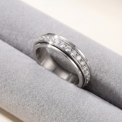 Mivoza zirconia spinning ring with crystals, elegant anti-anxiety rotating band, showcasing intricate jewelry design.