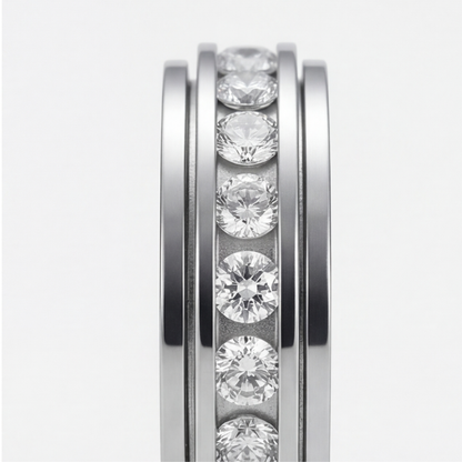 Elegant zirconia spinning ring by Mivoza with crystal accents, designed as an anti-anxiety rotating band jewelry piece.
