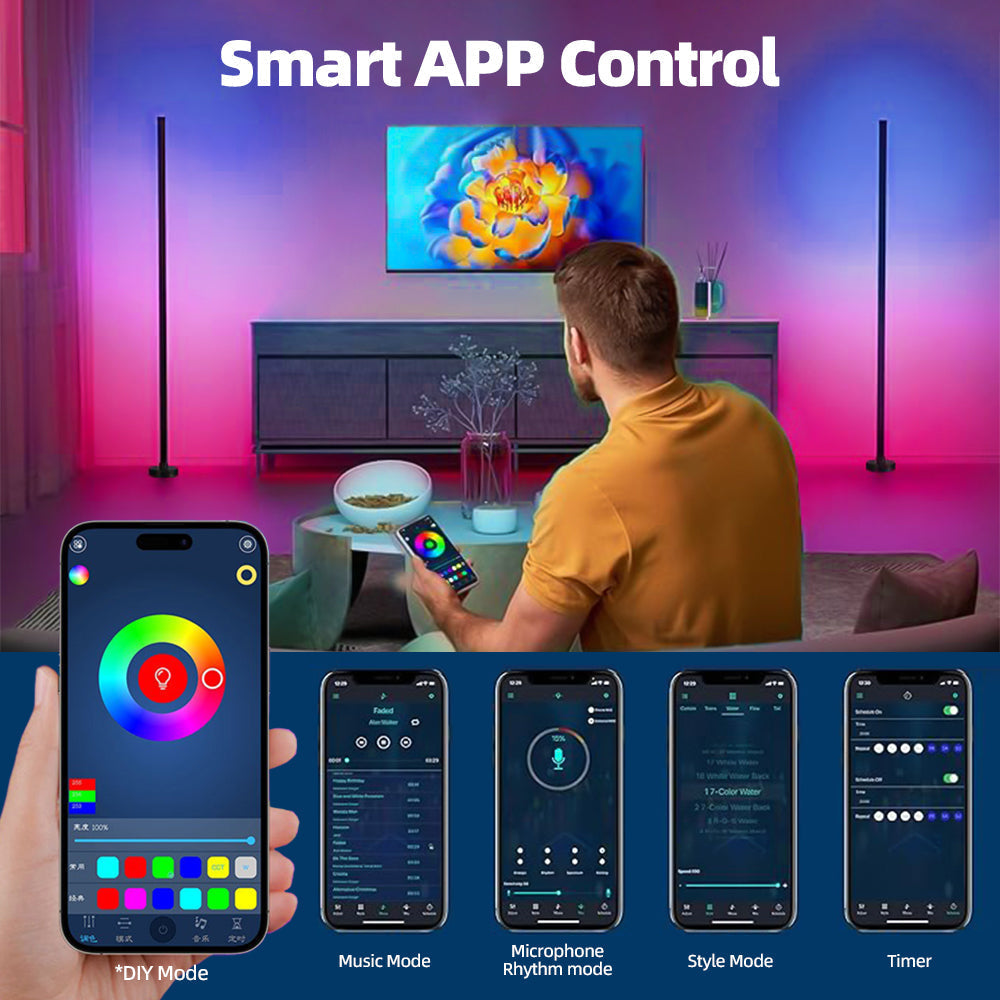 Belro Smart LED Floor Lamp with adjustable arm and modern design, standing tall in a living room setting.