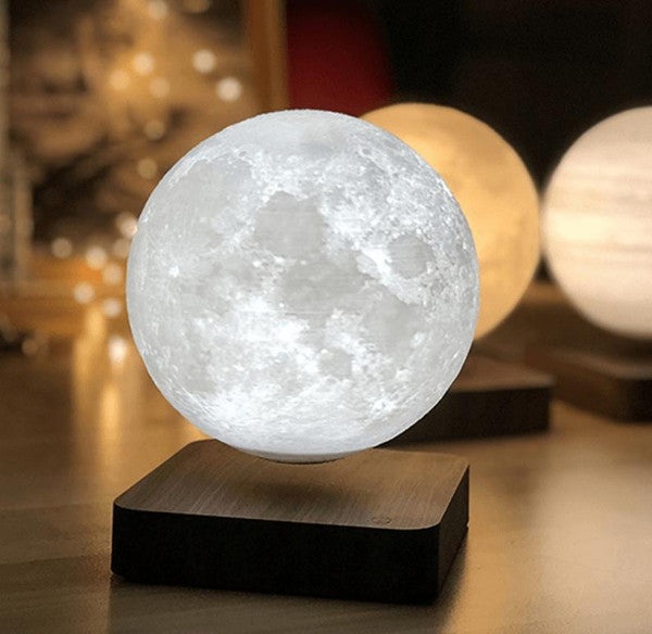 Belro magnetically levitated lunar lamp glowing softly, showcasing the innovative levitation and realistic moon design in a modern night light.