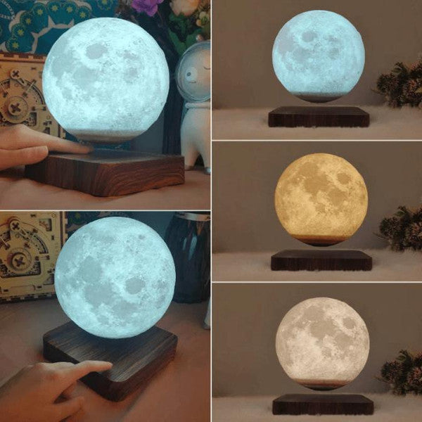 Belro Magnetically Levitated Lunar Lamp floating above a base, glowing softly as a modern LED night light.