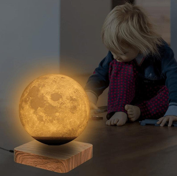 Belro magnetically levitated lunar lamp glowing softly, showcasing a realistic moon design suspended in mid-air for ambient lighting.