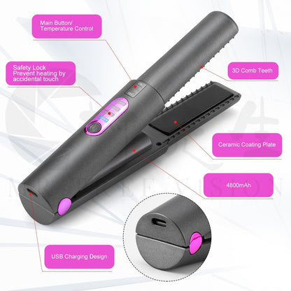 Belro mini wireless travel hair iron with USB charging, compact and portable for quick styling on the go.
