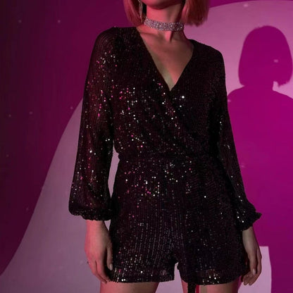 Belro sequin long-sleeved one-piece suit, stylish clothing with sparkling sequins, full-length view of the pants style garment.