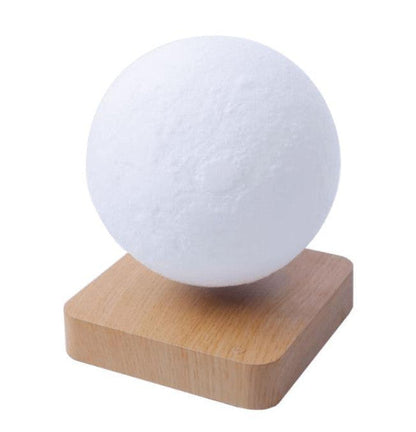 Belro magnetically levitated lunar lamp glowing softly, floating above a sleek base, illuminated night light with realistic moon design.