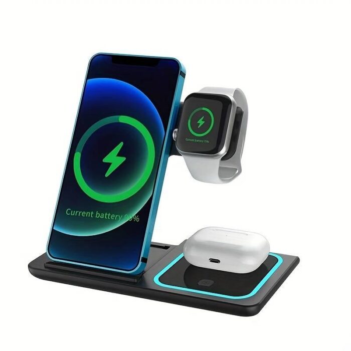 Belro 3-in-1 wireless induction charger for iPhone, with charging pads for Apple Watch and AirPods, sleek electronic power accessory.
