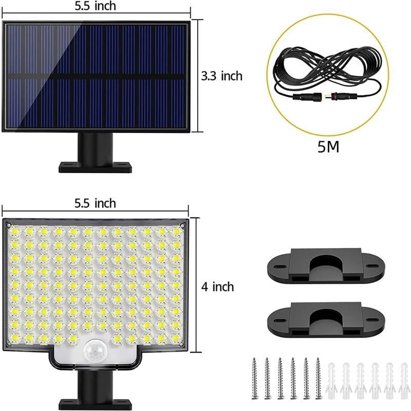 Belro 106 LED solar outdoor light with motion sensor illuminating a garden path at night.